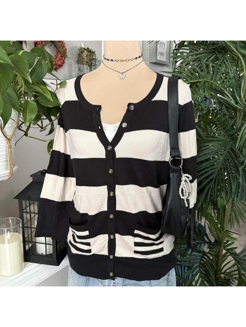 black and white striped cardigan